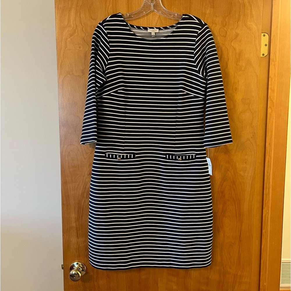 Talbots Dress Navy Blue White Horizontal Striped Faux Pockets Petite 6 6P NWT